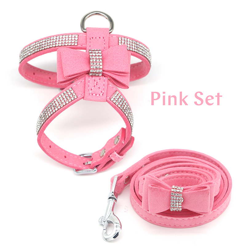 

Dog Harness Collar Leash Suit Adjustable Soft Suede Fabric Bow Shining Diamonds Rhinestone Pets Collar Harnesses For Dogs Products