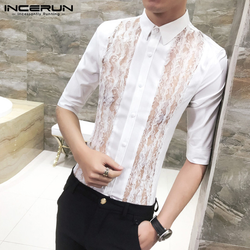 

INCERUN Fashion Men Dress Shirt Half Sleeve Lace Patchwork Sexy Lapel Chic Blouse Korean Style Slim Nightclub Party Shirts -5XL, Black shirt