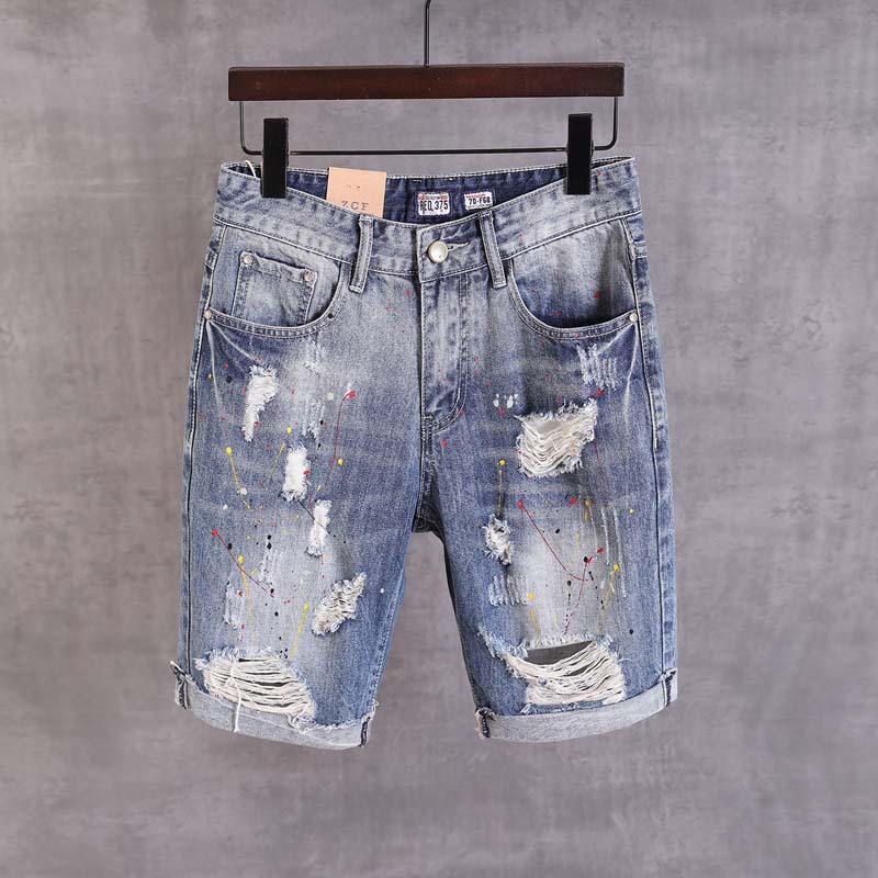 

Mcikkny Hip Hop Men's Summer Ripped Short Jeans Dot Printed Deim Shorts For Male Washed Size 28-36, Blue