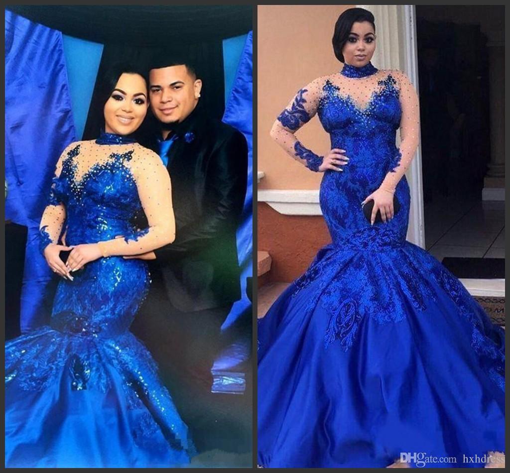 

2019 New Saudi Arabia Royal Blue Prom Dresses High Neck Nude Mesh Plus Size Long Sleeves Evening Gowns Satin Mermaid Forma Women Party Wear, Chocolate