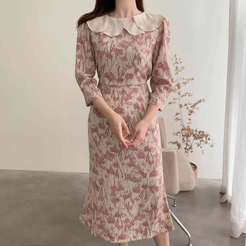 

Women' Korean-Style Chic Floral Ruffled Collar Contrasting Color Panel High-Waist Slim Mid-Length over-the-Knee Dress, Black