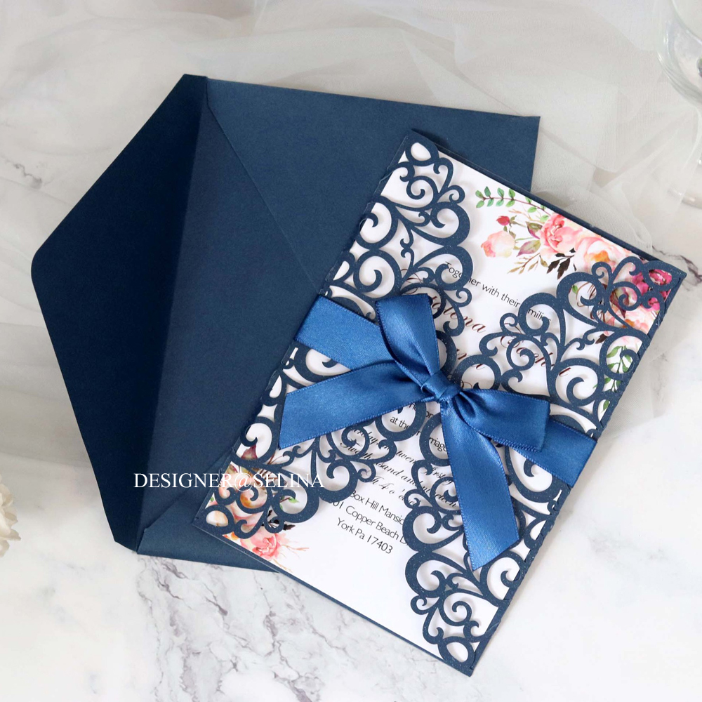 

Affordable Wedding Invitation with Ribbon 20+Color Printable Laser Cut Invitations for Quinceanera Sweet XV Birthday Invites, Pink