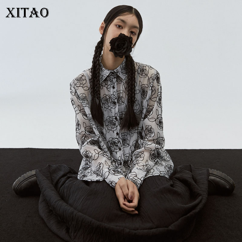

XITAO Spring New Trend Rose Pattern Shirt Loose Perspective Womens Tops and Blouses Wild Long Sleeve Original Design DMY4161, White dmy4161