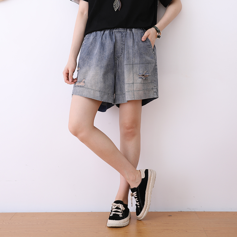 

Denim Pants Women Hole Summer Thin Retro Female Shorts Elastic Waist Loose Straight Casual Large Wide Leg Pants, Black