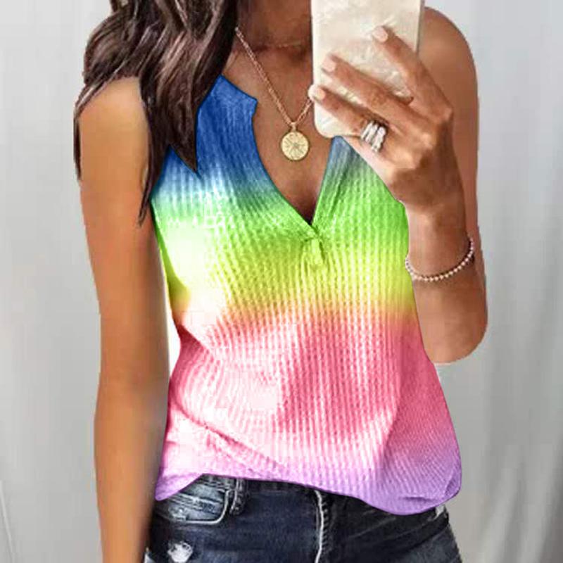 

Women Summer Ribbed V Neck Tie-dye Printed Sleeveless Vest Camisole Sexy Casual Female Elastic Tank Tops Plus Size#p3, Blue