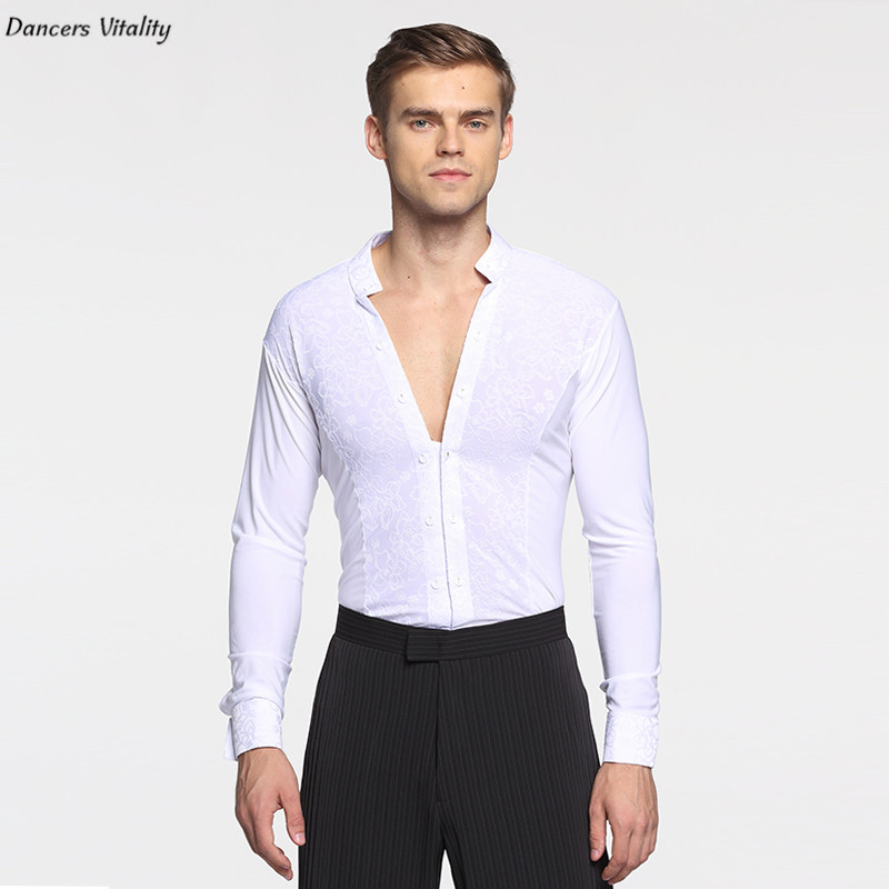 

2017 Plus Size Black vs White Waltz Latin Dance Top Men Latin Dance Shirts Deep v Collar adult Modern Dress S-XXL
