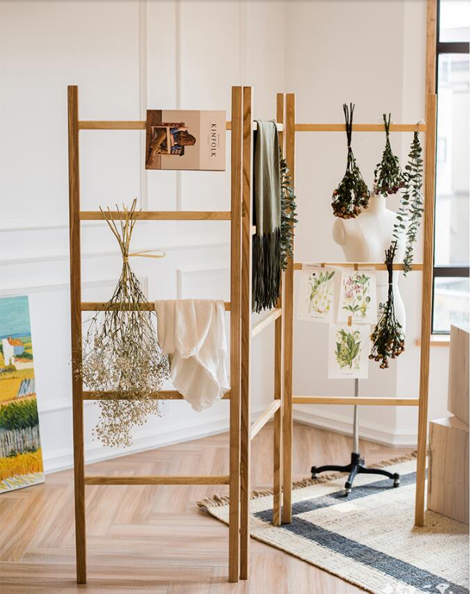 Towel rack Solid wood screen ladder frame Room Dividers ash wooden log flower storage shelf decorative coat and hat racks-image-510893776