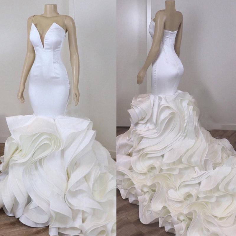 

2020 New Sexy White Cascading Ruffles Organza Mermaid Wedding Dresses Sexy Backless Sweetheart Long Train Bridal Mermaid Wedding Gowns