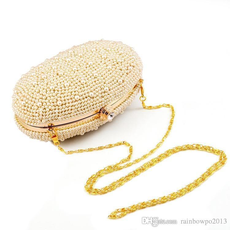 

factory sales brand Exclusive handbag fashionpersonality oval dinner dress collocation pearl bag brand new pearl diamond party handbags, Champagne