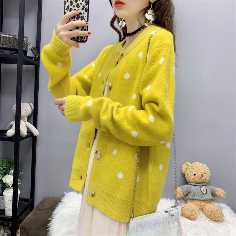

Sweater Cardigan Women Loose Korean Spring and Autumn Wear 2019 New Solid Color Polka Dot Sweater Jacket Wild, Blue