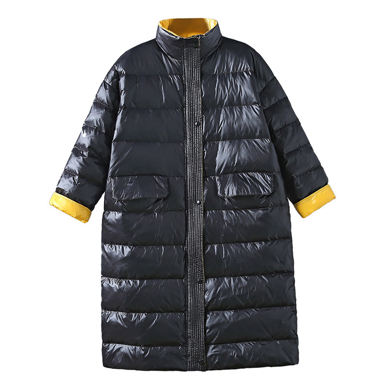 

Women's plus size contrast color down jacket women's winter long over the knee Korean loose loose medium thick down jacket, Black