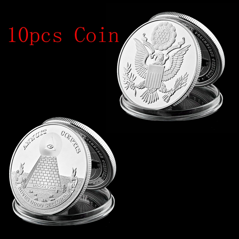 10Pcs Arts and Crafts Coeptis Masonic USA National Emblem Annuit Silver Plated Token Metal Challenge Coin-image-531443420