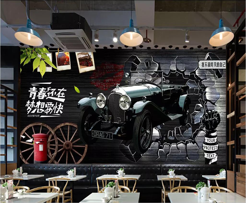 

WDBH 3d wallpaper custom photo Retro nostalgic broken wall and classic car home decor living room 3d wall murals wallpaper for walls 3 d, Non-woven