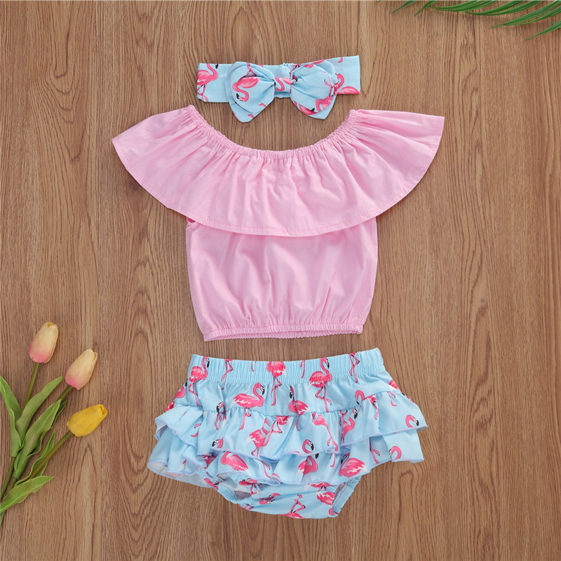 

2020 summer toddle baby girls Clothes fashion Outfits sleeve top printed flamingo shorts set suits, Pink