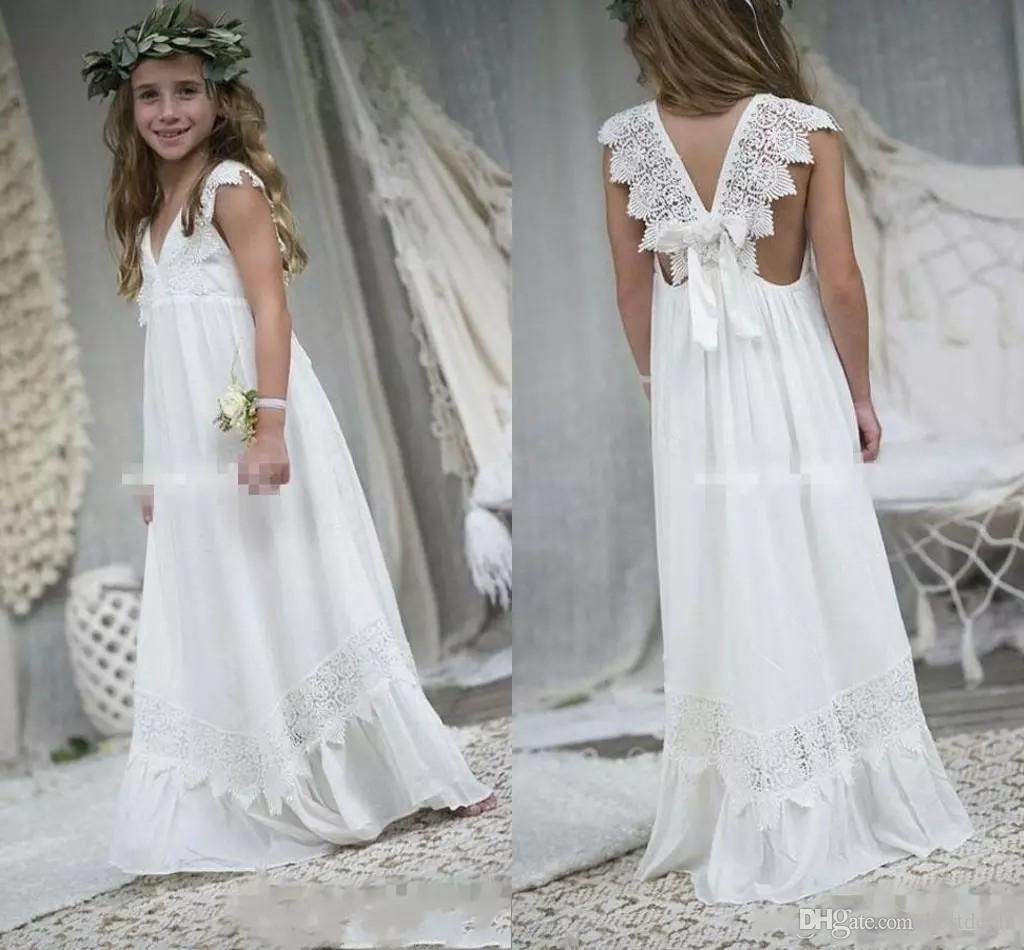 

New Arrival Boho Flower Girl Dresses For Weddings Cheap V Neck Chiffon Lace Child Communion Dress Formal Beach Wedding Custom Made, Hunter