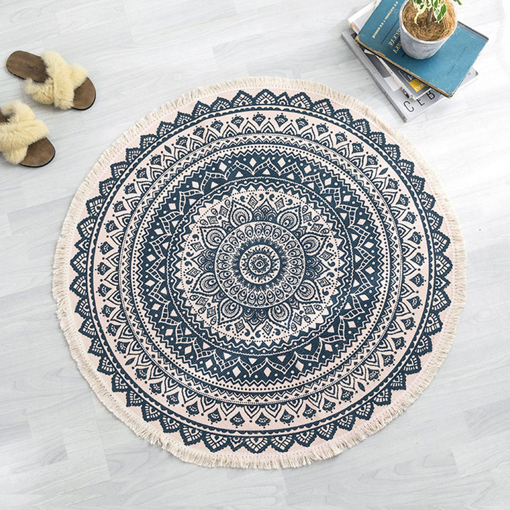 

Retro Boho Round Carpet Bedroom Boho Style Tassel Cotton Rug Hand Woven National Classic Tapestry Sofa Cushion Tatami Floor Mats, Blue