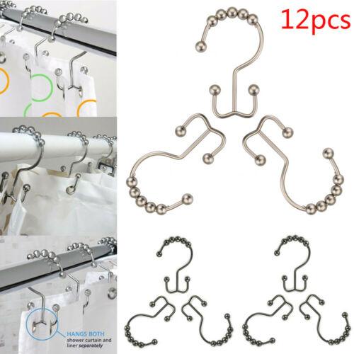 

Shower Curtain Ring Double Hooks Set Glide Stainless Steel Bathroom Roller Heavy