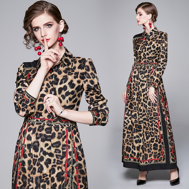 

Spring Summer Fall Runway Vintage Leopard Chain Belt Print Collar Long Sleeve Empire Waist Women Ladies Casual Party Maxi Dress Wholesale, Multi