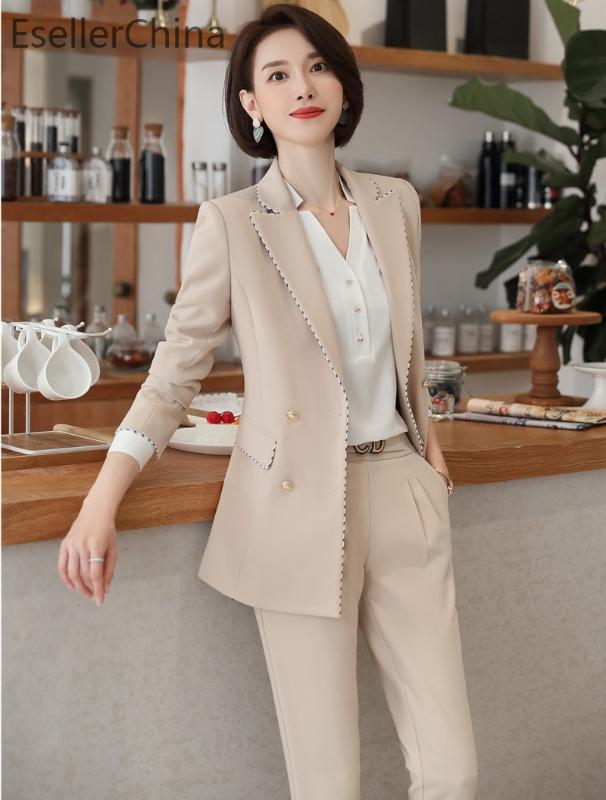 

Fashion Styles Spring Autumn Formal Women Business Suits Female Pantsuits with Pants and Jackets Coat Ladies Office Blazers, White