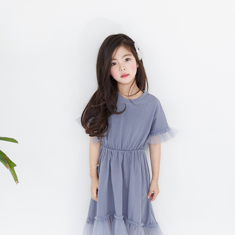 

2020 Korean-Style New Women's Large Children's Waist Hugging Lace Stitching Dress Summer, Blue