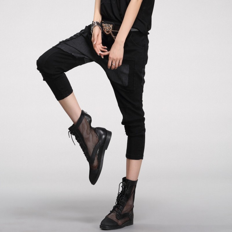 

Summer Women Casual Loose Fit Spliced Baggy Harajuku Calf Length Drop Crotch Harem Pants Streetwear Hippie Pantalon Mujer, Black