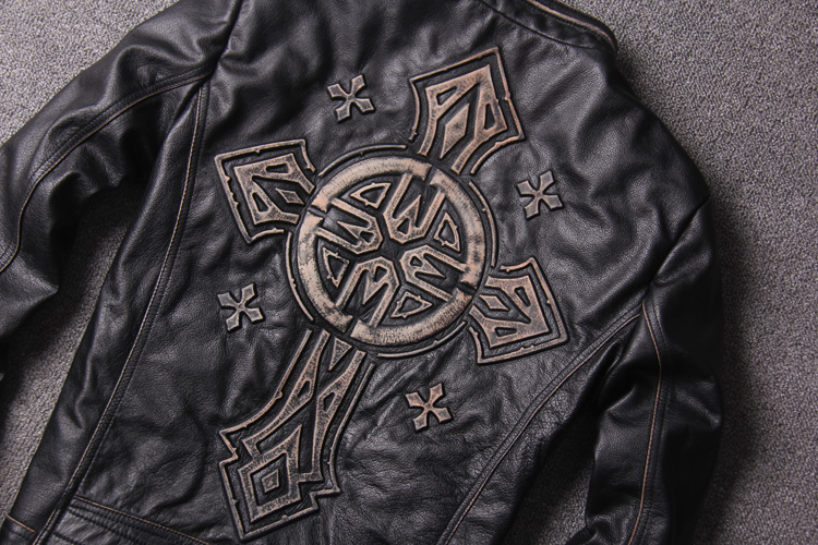 

Edging vintage Black Stamp cross black locomotive jacket afflaction men motorcycle genuine leather jacket