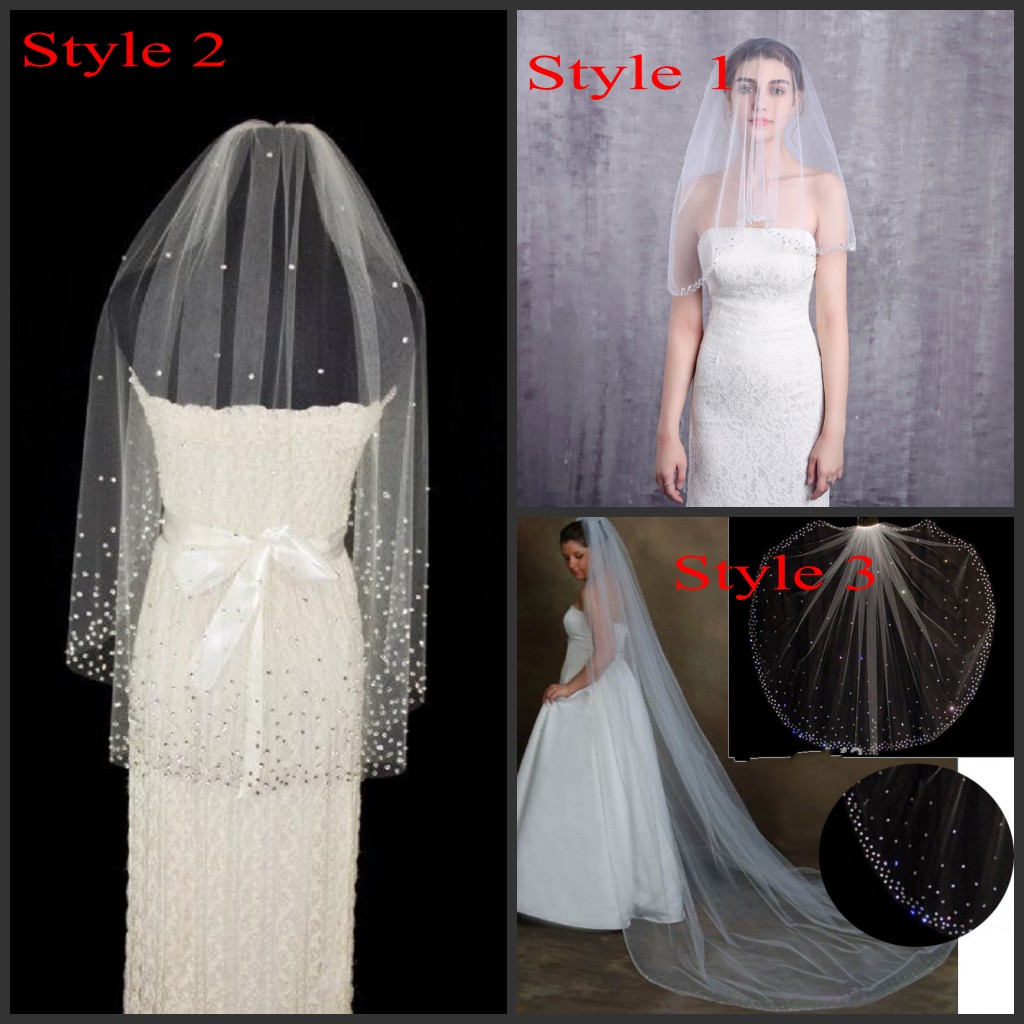 

Cathedral / Fingertip Wedding Veils with Crystsal Rhinestone Beads Sparkly Long Tulle White Ivory Bridal Hair Veil Accessories Sequin Beaded