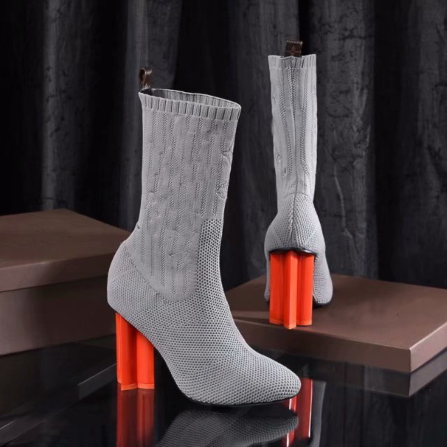 

Hot Sale- High Heel 10CM Womens Half Ankle Short Winter Snow Boots Knight Embroidery Stretch Fabric Shoes Size 35-41, With brand logo