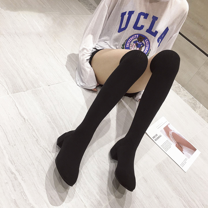 

Solid Color Elastic Fabric Women's Boots Warm Socks Over The Knee Boots Slim Low Heel Gray Black Boot Spring Autumn Ladies Shoes