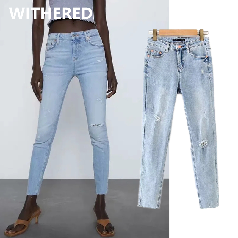 

Dave&Di summer ins blogger high street washed supper skinny push up jeans woman high waist pencil jeans ripped for women, Sky blue