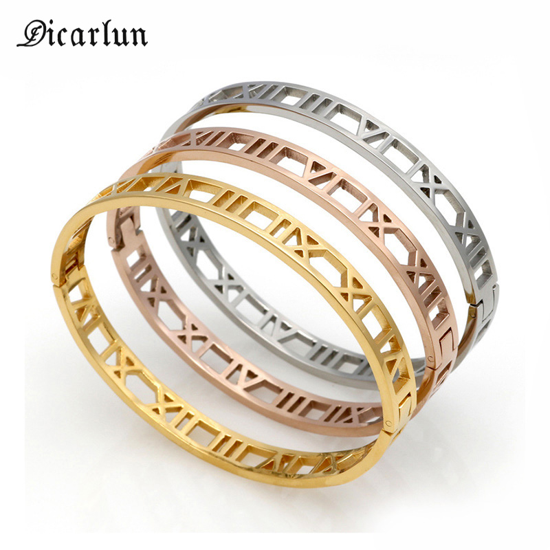 

DICARLUN Roman Numerals Gold Bracelet Bangle Hollow Stainless Steel Roman Women Silver Dropshipping Jewelry 2019