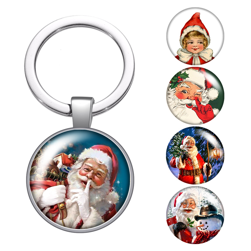 

Christmas Santa Claus Gifts Glass Cabochon Keychain Bag Car Key Chain Ring Holder Charms Silver Keychains For Men Women Gifts