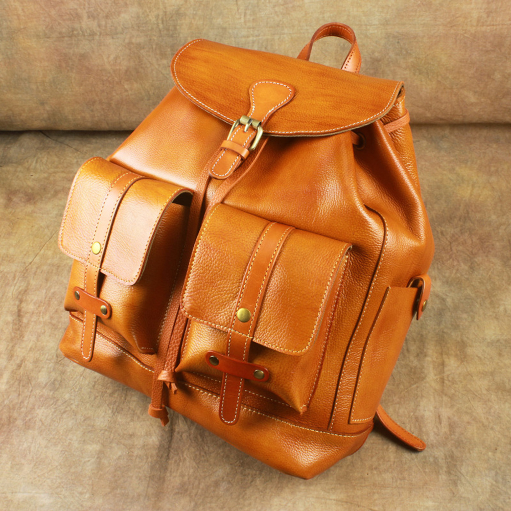 

Genuine Leather Backpack Drawstrings Rucksacks Women Men Student Cowhide School Bags Vintage Travel Outdoor Large Knapsack Organizer Bag, 2 colors for choice