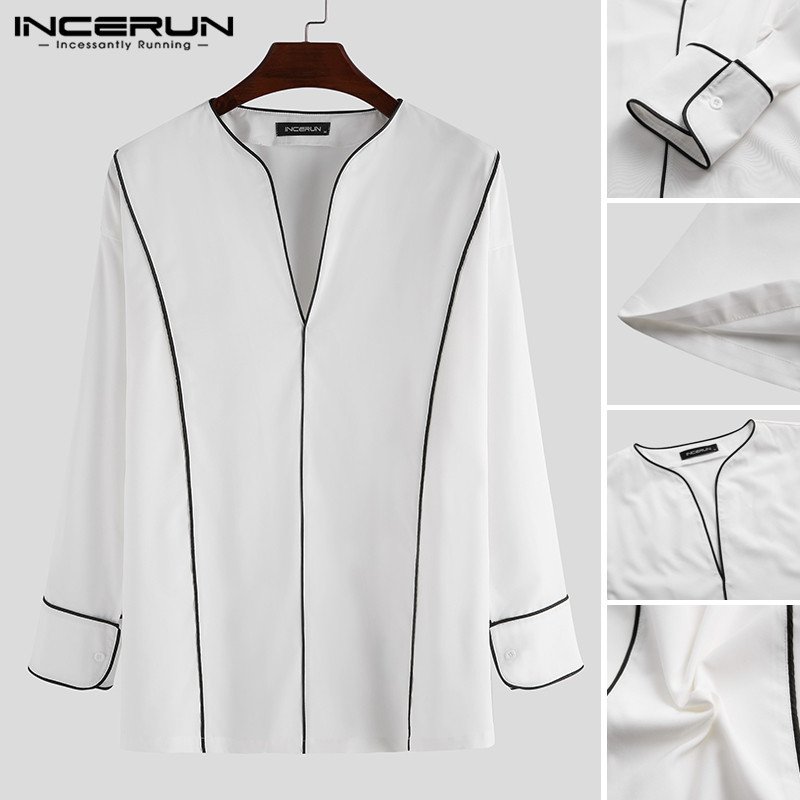 

INCERUN 2020 Long Sleeve Loose Brand Shirts Fashion Men Casual Shirt Korean Chic V Neck Blouse Color-block Camisa Plus Size, White