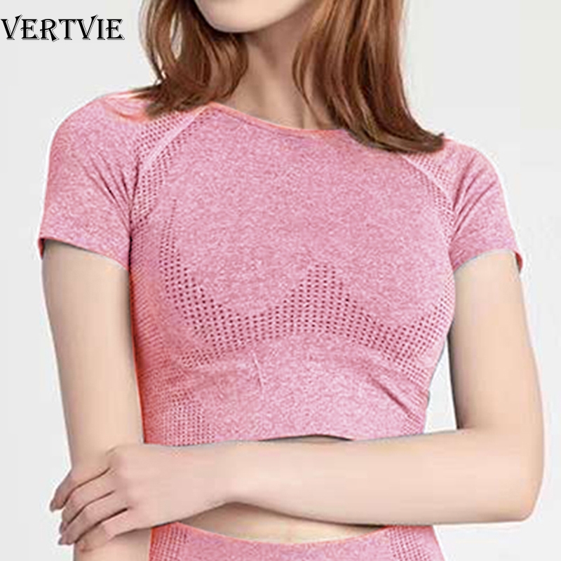 

VERTVIE Solid Seamless Yoga Shirt Women Fitness Short Sleeve Crop Top Workout Tops Gym Sportswear Running Exposed Navel T-shirts, Blue top