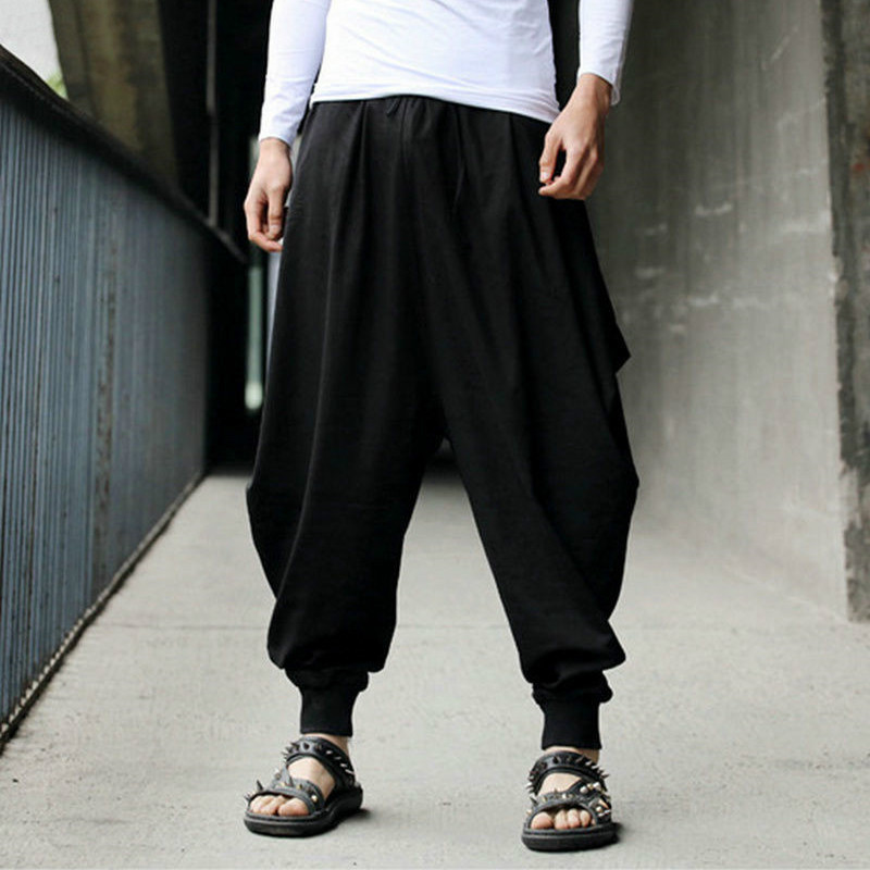 Januarysnow Plus Size Cotton Linen Harem Pants Men Baggy Pants Japanese Style Mens Crotch Wide Leg Pants Casual Loose Trousers-image-531724286