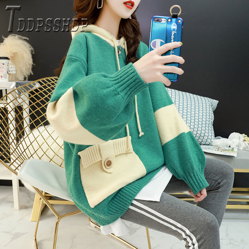 

2019 Hoodie Patchwork Women Sweater Autumn Winter Knitting Pullover Female Sweaters