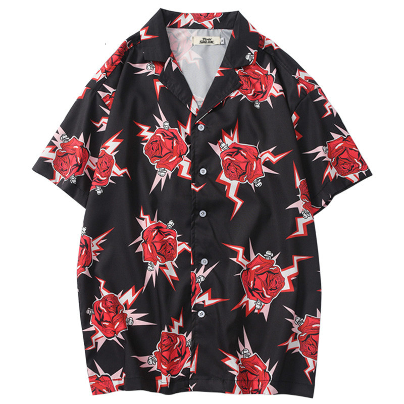 

Januarysow Hip Hop Shirt Streetwear Mens Hawaiian Shirt Red Rose Harajuku Floral 2020 Spring Summer Beach Shirt Hawaii Thin Short Sleeve, Black