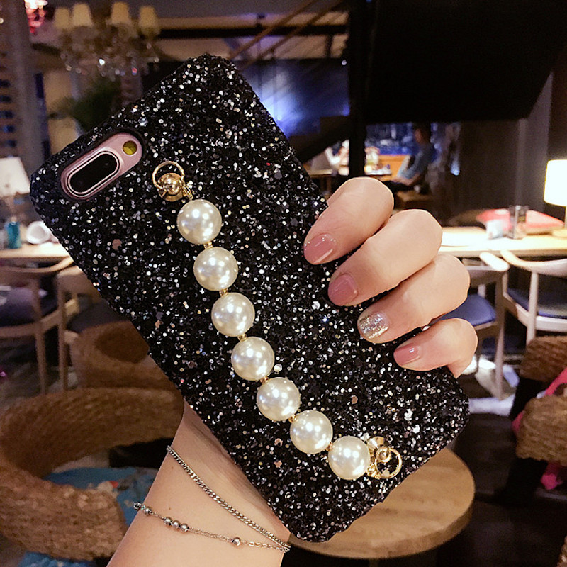 

Girl Fashion Pearl Hand Chain Bracelet Bling Glitter Hard Phone Case Cover For Samsung Galaxy NOTE 10 9 8 S20 S10E S10 S9 S8 Plus, Black