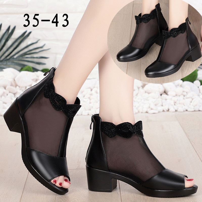 

Hot sale Spring Summer Mesh Sandals Sexy Chunky Heel Hollow Boots Fish Mouth Shoes Women Genuine Leather Peep Toe sandalias