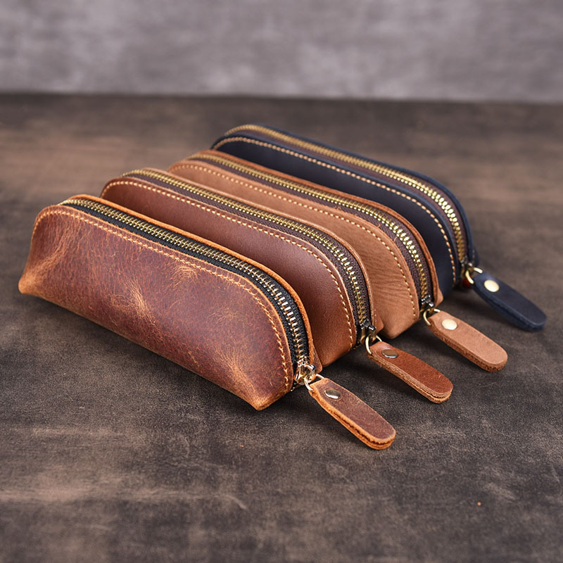 

2020 Pencil Case Handmade Leather Pencil Bag Vintage Retro Zipper Fountain Pen Brush Pouch Case For Students