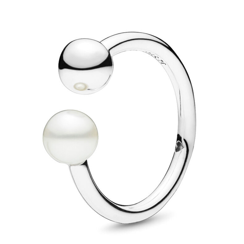 Sterling Silver 925 Bead & Freshwater Cultured Pearl Open Ring For Women With LOGO Zircon Fits Pandora Style Real Original Authentic Jewelry-image-488339405