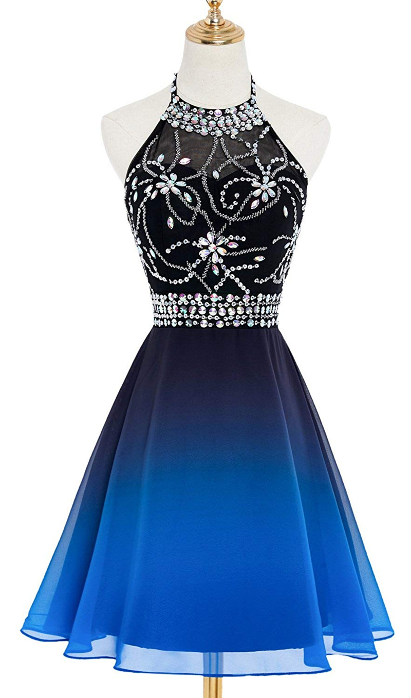 

2019 New Backless Halter Crystal Mini Prom Dresses Beading Plus Size Homecoming Cocktail Party Special Occasion Gown Vestido Fiesta BH40, Same as picture