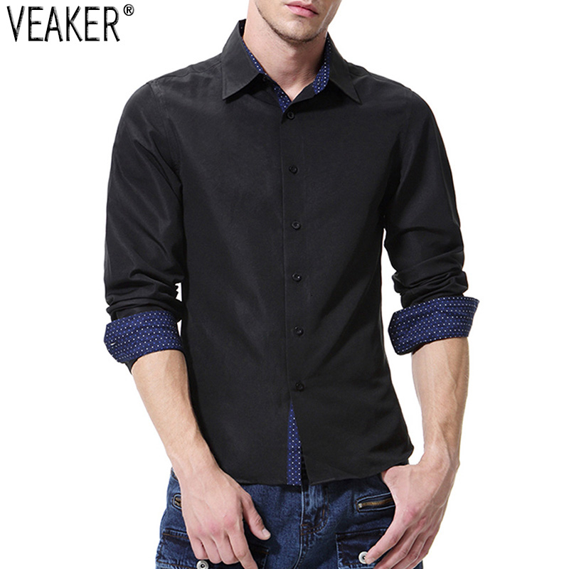 

2019 New Men's Polka Dot Patchwork Shirts Male Slim Fit Long Sleeve Shirts Male Black White Blue Casual Business Tops -3XL