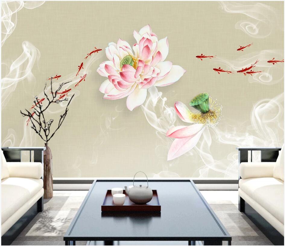 

custom photo 3d wallpaper Chinese ink lotus flower fish tv background home decor living room 3d wall murals wallpaper for walls 3 d, Non-woven wallpaper