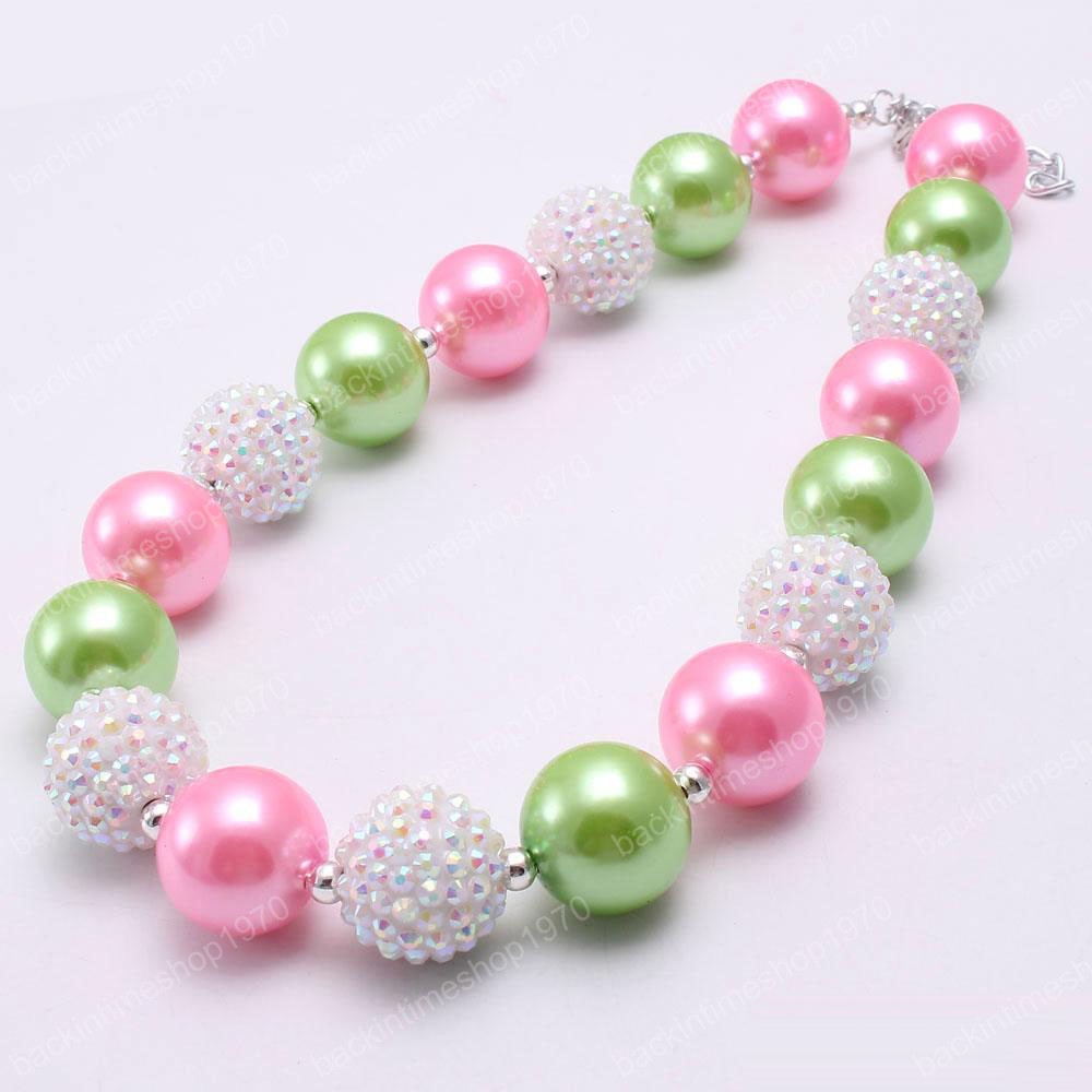 

New Designable Girl Kid Chunky Beads Necklace Pink+Green Color ChiBubblegum Chunky Beads Necklace Jewelry For Girl Kidsldren, As picture