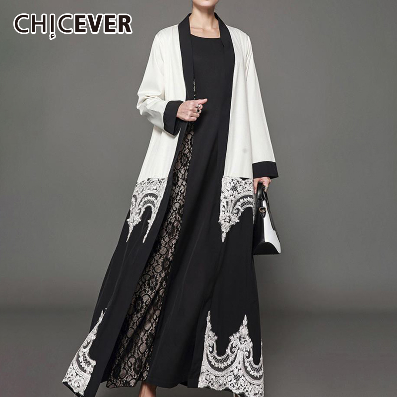 

CHICEVER Patchwork Lace Women' Trench V Nech Open Stitch Long Sleeve Hit Color Plus Size Casual Coat Female 2020 Clothes New, As picture