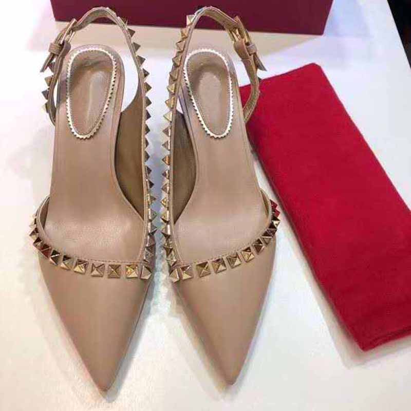 

2019 new designer women's shoes fashion sexy gladiator 6.5CM high heels nude color fashion rivets high quality women's shoes, Black