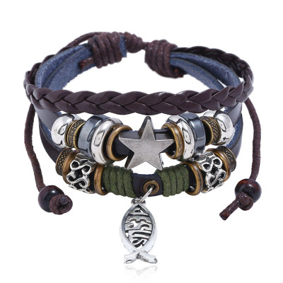 

Jesus Fish Bracelet Retro Star Cross Multilayer Wrap Bracelet Leather Bracelets Women Man Fashion Jewelry Will and Sandy Drop Ship