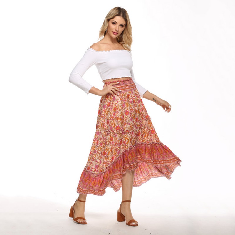 

Floral Print Pleated Midi Skirt Women Elastic High Waist Boho Chic Skirts Summer 2020 Elegant Female Bottom Maxi Skirt, Multi